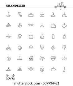 Chandelier flat icon set. Collection of high quality outline pictograms of elements for home interior. Vector line illustration of chandelier for web design, mobile app. Button, symbol for design logo