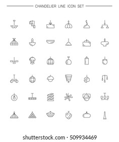 Chandelier flat icon set. Collection of high quality outline pictograms of elements for home interior. Vector line illustration of chandelier for web design, mobile app. Button, symbol for design logo