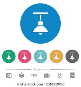 Chandelier flat white icons on round color backgrounds. 6 bonus icons included.