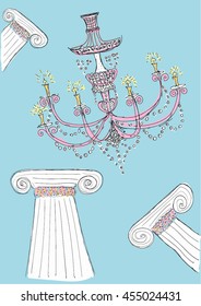 Chandelier and ionic columns vintage hand drawn