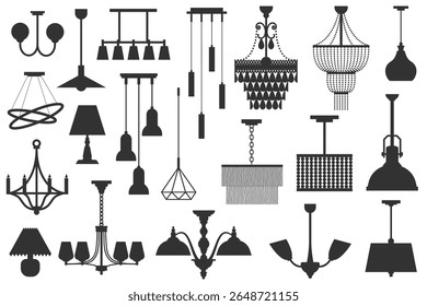 Chandelier lamp vector icons set. Silhouettes of interior and home decorations isolated on white background