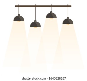 Chandelier, light fixture mounted on ceiling. Basic furniture for home and office. Four lamps isolated on white background. Object needed to illuminate room when it dark. Vector illustration in flat