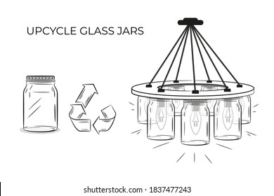 A Chandelier Made From Empty Glass Jars. Upcycling Glass Jars. Vector Isolated On A White Background.	