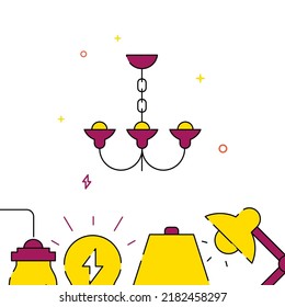 Chandelier on chain filled line vector icon, simple illustration, related bottom border.