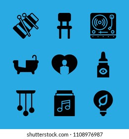 chandelier, person inside a heart, turntable, light bulb, music album, chair, bathtub, xylophone and eye drops vector icon. Simple icons set