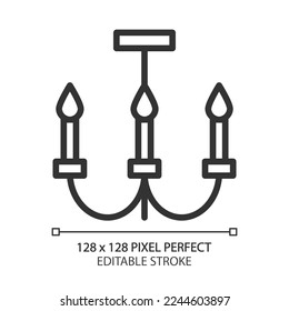 Chandelier pixel perfect linear icon. Ceiling light fixture for dining room. Modern contemporary home furniture store. Thin line illustration. Contour symbol. Vector outline drawing. Editable stroke