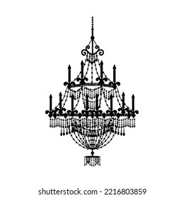 Chandelier Silhouette, Crystal Lamp Lights. Black Isolated Vector Icon Interior Clip Art.