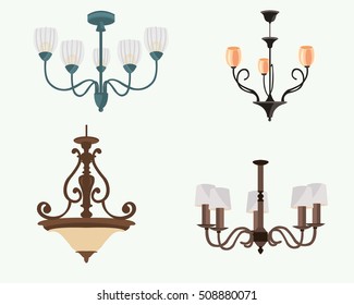 Chandelier silhouette isolated on white background. Set of stylish original chandeliers. Flat style vector illustration.