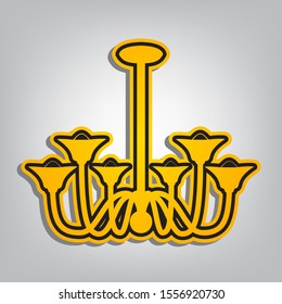 Chandelier simple sign. Flat orange icon with overlapping linear black icon with gray shadow at whitish background. Illustration.