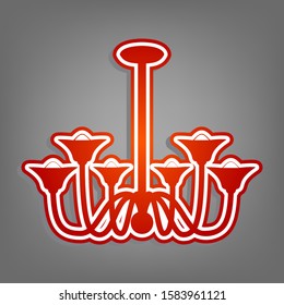Chandelier simple sign. Flat red icon with linear white icon with gray shadow at grayish background. Illustration.