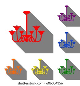 Chandelier simple sign. Set of red, orange, yellow, green, blue and violet icons at white background with flat shadow.