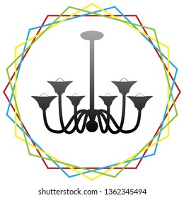 Chandelier simple sign. Vector. Black icon with patch of light inside colorful hexagonal frames at white background.