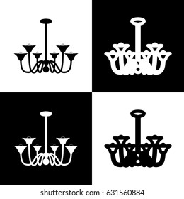 Chandelier simple sign. Vector. Black and white icons and line icon on chess board.