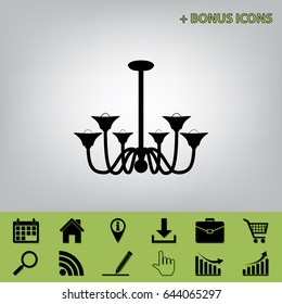 Chandelier simple sign. Vector. Black icon at gray background with bonus icons at celery ones
