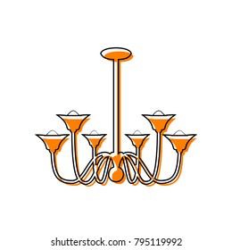Chandelier simple sign. Vector. Black line icon with shifted flat orange filled icon on white background. Isolated.