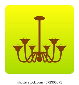 Chandelier simple sign. Vector. Brown icon at green-yellow gradient square with rounded corners on white background. Isolated.