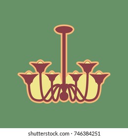 Chandelier simple sign. Vector. Cordovan icon and mellow apricot halo with light khaki filled space at russian green background.