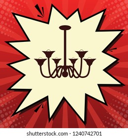 Chandelier simple sign. Vector. Dark red icon in lemon chiffon shutter bubble at red popart background with rays.