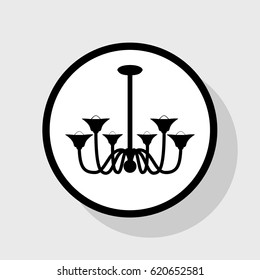 Chandelier simple sign. Vector. Flat black icon in white circle with shadow at gray background.