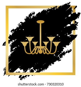 Chandelier simple sign. Vector. Golden icon at black spot inside golden frame on white background.