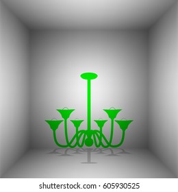 Chandelier simple sign. Vector. Green icon with shadow in the room.
