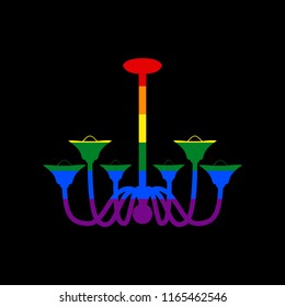 Chandelier simple sign. Vector. Icon with colors of LGBT flag at black background.