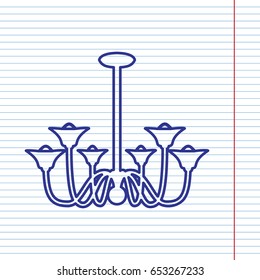 Chandelier simple sign. Vector. Navy line icon on notebook paper as background with red line for field.
