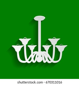 Chandelier simple sign. Vector. Paper whitish icon with soft shadow on green background.