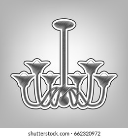Chandelier simple sign. Vector. Pencil sketch imitation. Dark gray scribble icon with dark gray outer contour at gray background.