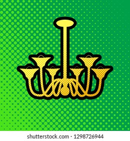 Chandelier simple sign. Vector. Pop art orange to yellow dots-gradient icon with black contour at greenish background.