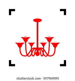 Chandelier simple sign. Vector. Red icon inside black focus corners on white background. Isolated.