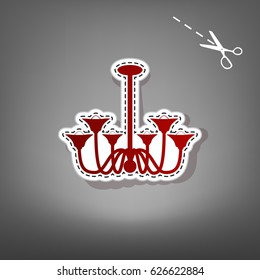 Chandelier simple sign. Vector. Red icon with for applique from paper with shadow on gray background with scissors.