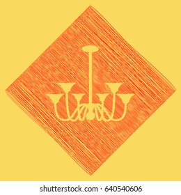 Chandelier simple sign. Vector. Red scribble icon obtained as a result of subtraction rhomb and path. Royal yellow background.