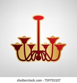 Chandelier simple sign. Vector. Red icon on gold sticker at light gray background.