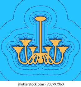 Chandelier simple sign. Vector. Sand color icon with black contour and equidistant blue contours like field at sky blue background. Like waves on map - island in ocean or sea.