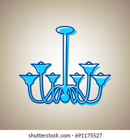 Chandelier simple sign. Vector. Sky blue icon with defected blue contour on beige background.