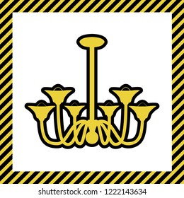 Chandelier simple sign. Vector. Warm yellow icon with black contour in frame named as under construction at white background. Isolated.