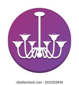 Chandelier simple sign. Vector. White icon with flat shadow on purpureus circle at white background. Isolated.
