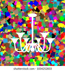 Chandelier simple sign. Vector. White icon on colorful background with seamless pattern from squares.