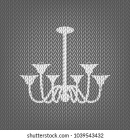 Chandelier simple sign. Vector. White knitted icon on gray knitted background. Isolated.