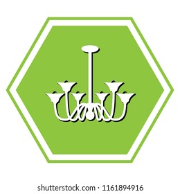 Chandelier simple sign. Vector. White icon with black shadow at yellow green honeycomb on white background.