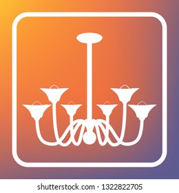 Chandelier simple sign. Vector. White icon on transparent button at orange-violet gradient background.