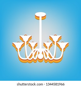 Chandelier simple sign. Vector. White icon with 3d warm-colored gradient body at sky blue background.