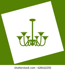 Chandelier simple sign. Vector. White icon obtained as a result of subtraction rotated square and path. Avocado background.