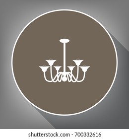 Chandelier simple sign. Vector. White icon on brown circle with white contour and long shadow at gray background. Like top view on postament.