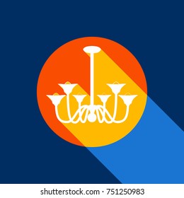 Chandelier simple sign. Vector. White icon on tangelo circle with infinite shadow of light at cool black background. Selective yellow and bright navy blue are produced.