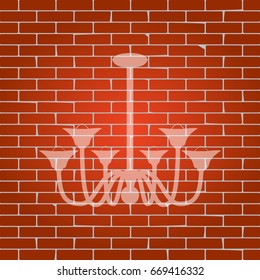 Chandelier simple sign. Vector. Whitish icon on brick wall as background.