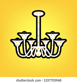 Chandelier simple sign. Vector. Yellow polka dot white icon with black contour at warm yellow background.