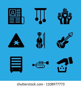 chandelier, violin, hands with hearts, trumpet, electric guitar, recycling, bookshelf, newspaper and explosive vector icon. Simple icons set