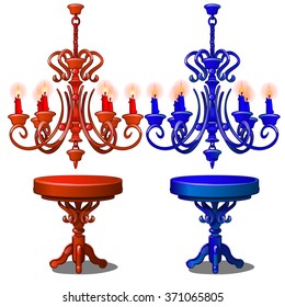Chandeliers with candles and round tables. Vector.